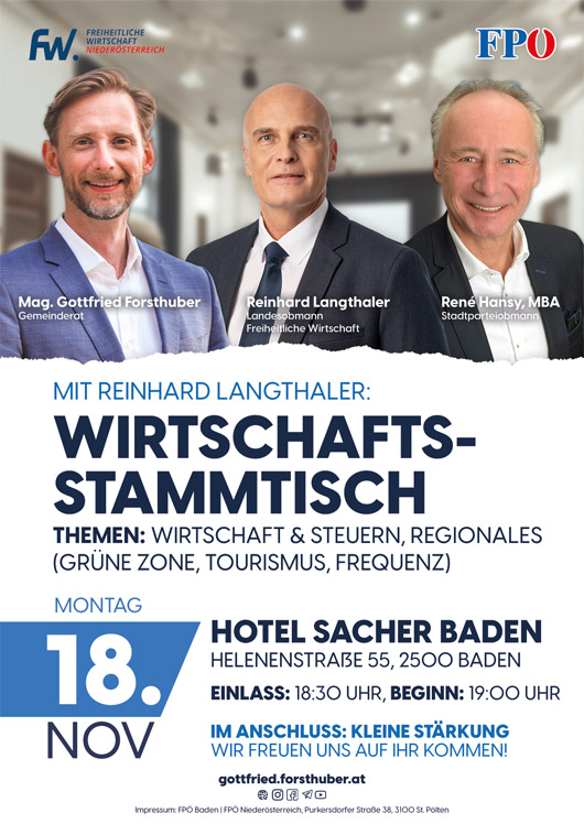 Reinhard Langthaler Vorsitzende der Freiheitlichen Wirtschaft kommt am 18.11.24 nach Baden, gibt uns einen aktuellen Überblick über die aktuelle Wirtschaftslage. Lokale Themen sind ebenso im Fokus. Seien Sie dabei! Im Anschluss kleine Stärkung. Ab 18:30 geht's los.