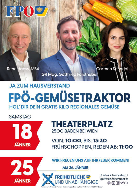 Ja zum Hausverstand! Hol' dir dein gratis Kilo regionales Gemüse am 18. und 25. Jänner beim FPÖ-Gemüsetraktor am Theaterplatz. ab 10:00 geht's los. Frühschoppen und Reden ab 11:00.