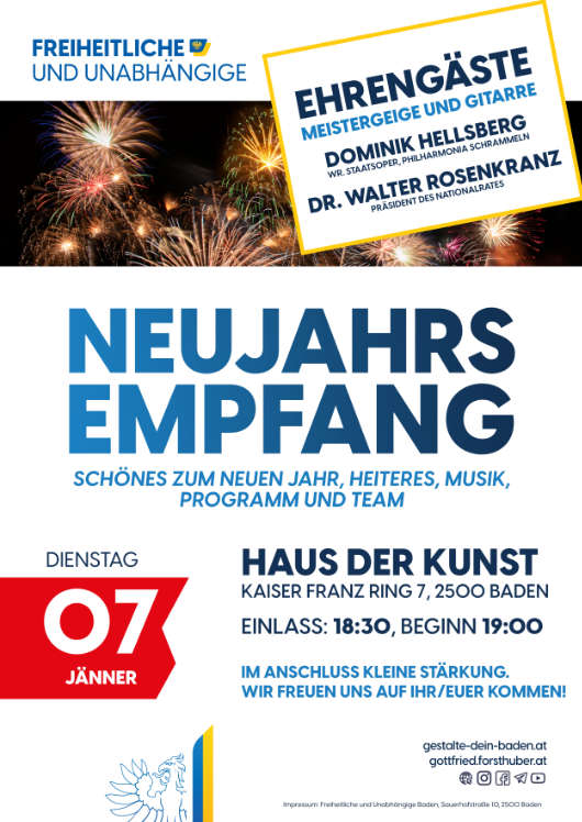 2025 wird ein gutes Jahr. Leiten wir es gemeinsam ein! Herzliche Einladung zu unserem Neujahrsempfang am Dienstag, 07.01.2025. Baden. Haus der Kunst. Seien Sie dabei! Im Anschluss kleine Stärkung. Ab 18:30 geht's los. Ehrengäste: Meistergeige und Gitarre.