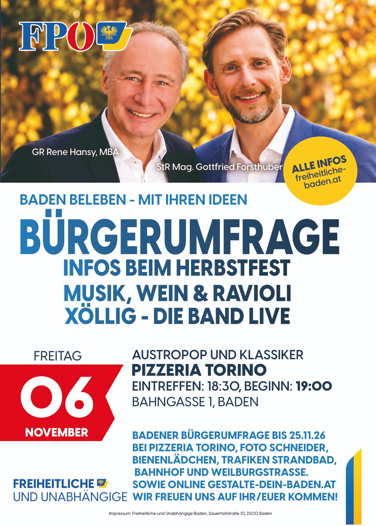 Herbstfest der Freiheitlichen Baden am 6. November 2026 in der Pizzeria Torino
